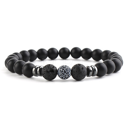 Round Natural Crakled Black Agate Beaded Stretch Bracelets for Women Men XP2963-5-1