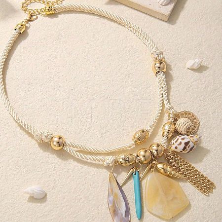 Bohemian Alloy Chain & Round CCB Plastic & Natural Shell Pendant Cotton Cord Bib Necklaces for Women FS-WGD6F52-01-1