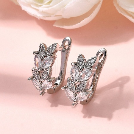 Leaf Brass Micro Pave Clear Cubic Zirconia Hoop Earrings EJEW-H180-29P-1