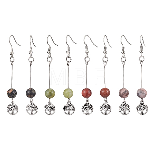 4 Pairs Natural Gemstone Round Beaded Dangle Earrings EJEW-JE05630-1