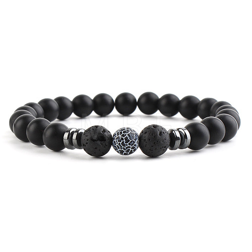 Round Natural Crakled Black Agate Beaded Stretch Bracelets for Women Men XP2963-5-1