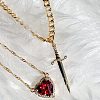 2Pcs Sword & Heart Zinc Alloy Light Siam Rhinestone Pendant Double Layer Necklaces for Women FS-WG484C5-01-3