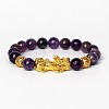Golden Plated Alloy Pi Xiu 8MM Natural Amethyst Round Beaded Stretch Bracelet for Men QJ0349-6-1