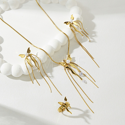 Butterfly Stainless Steel & Plastic Imitation Pearl Earrings & Necklaces & Rings Sets for Women IE2472-1