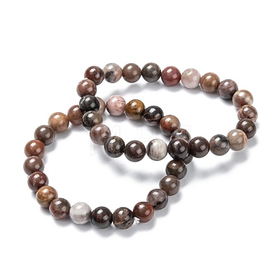 Natural Petrified Wood Stretch Beaded Bracelets G-A185-01O-1