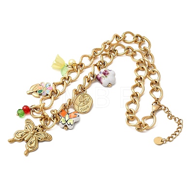 304 Stainless Steel Butterfly & Acrylic & Ceramic Flower Pendant Necklaces for Women NJEW-A063-13G-1