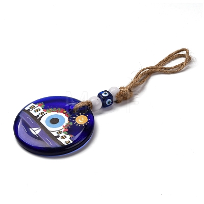 Flat Round with Evil Eye Lampwork Pendant Decoration HJEW-Z005-01E-1