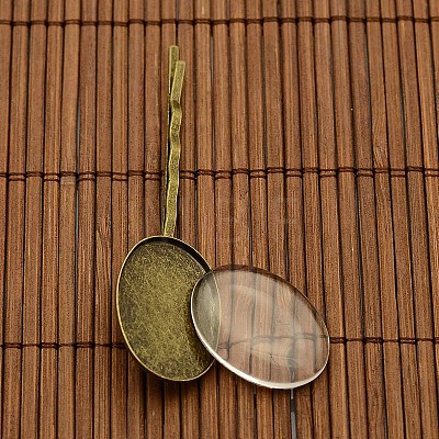 25x18mm Oval Dome Clear Glass Cover & Antique Bronze Iron Hair Bobby Pin Setting Base Sets DIY Hair Jewelry DIY-X0073-1