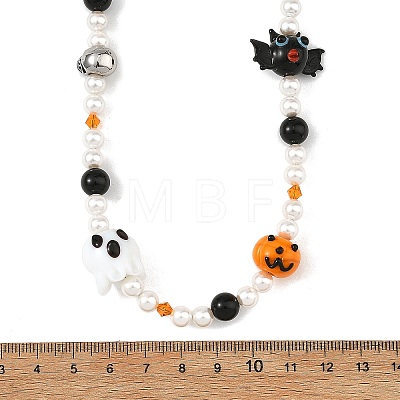 Halloween Handmade Lampwork Bat Ghost Pumpkin and Round Shell Pearl Beaded Necklaces for Women NJEW-TA00277-1