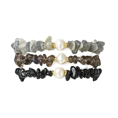 3Pcs 3 Styles Natural Mixed Gemstone Chip & Cultured Freshwater Pearl Beaded Stretch Bracelets Set for Women BJEW-JB13762-09-1