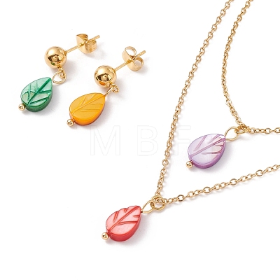 Synthetic Shell Leaf Pendant Double Layer Necklaces and Dangle Stud Earrings SJEW-F217-04G-1