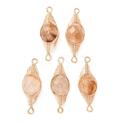 Heated Natural Yellow Quartz Faceted Flat Round Links Connector Charms with Copper Herringbone Wire-Wrapped KK-Z152-09G-03-1