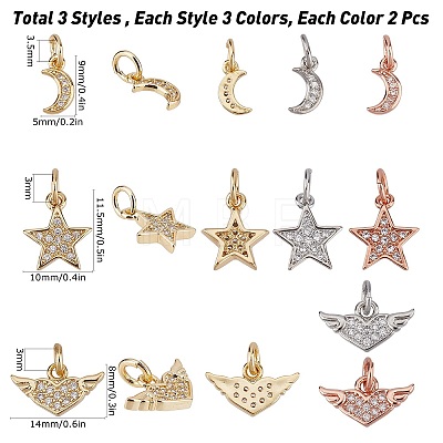 CREATCABIN 18Pcs 3 Style Brass Clear Micro Pave Cubic Zirconia Charms ZIRC-CN0001-01-1