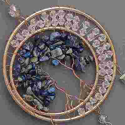 Brass Wire Wrapped Natural Sodalite Chips Tree of Life Pendant Decorations HJEW-D302-07B-1