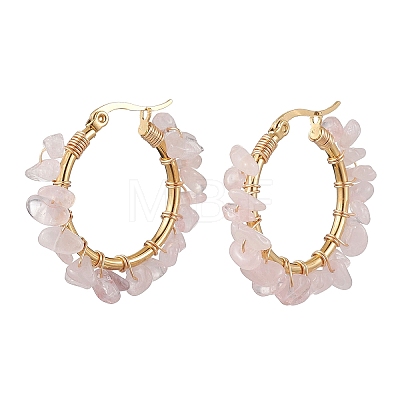 3 Pairs 3 Size Natural Rose Quartz Chips Hoop Earrings EJEW-JE05710-01-1