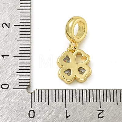 Rack Plating Brass Pave Clear Cubic Zirconia Clover European Dangle Charms KK-Z067-36G-1