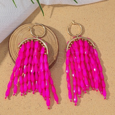 Alloy Glass Beads Arch Tassel Hoop Earrings FS-WG51683-02-1
