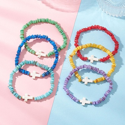 6Pcs 6 Colors Natural Freshwater Shell Chip Beaded Stretch Bracelets BJEW-JB12725-1