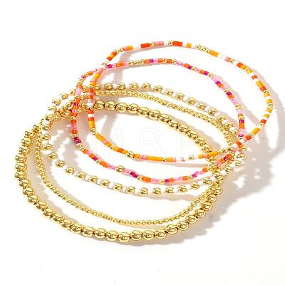 5Pcs 5 Styles Round Brass & Column Glass Seed Beads Stretch Bracelets YH8018-4-1
