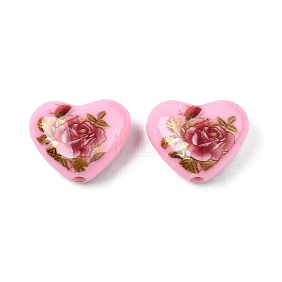 Flower Printed Opaque Acrylic Heart Beads SACR-S305-28-H03-1