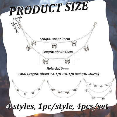 4Pcs 4 Styles Brass Double Layer Chains for Jeans Pants with Alloy Butterfly Charms AJEW-GO00011-1