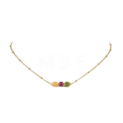 Natural Multicolor Tourmaline Faceted Cube Beads Pendant 304 Stainless Steel Satellite Chain Necklacs for Women NJEW-JN06541-01-1