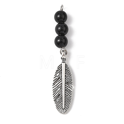 Alloy Feather with Round Synthetic Black Stone Beads Big Pendants PALLOY-JF04696-1