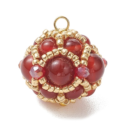 Natural Carnelian(Dyed & Heated) and Glass Seed Beaded Cluster Pendants PALLOY-MZ01334-02-1