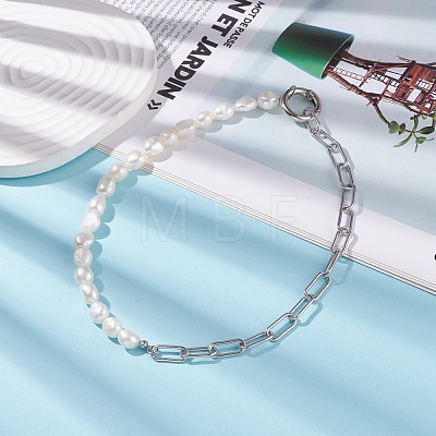 Natural Keshi Pearl Beaded Necklace with 304 Stainless Steel Paperclip Chains for Women NJEW-JN03849-1