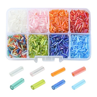 96G 8 Colors Transparent Colours Rainbow Glass Bugle Beads SEED-YW0002-34-1
