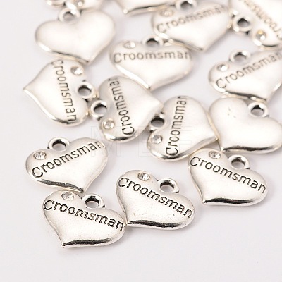 Wedding Theme Antique Silver Tone Tibetan Style Heart with Groomsman Rhinestone Charms TIBEP-N005-02C-1