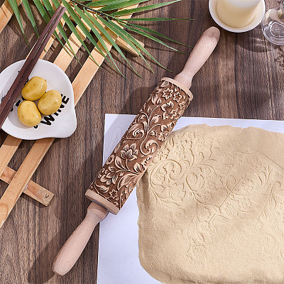 Flower Print Wood Rolling Pin AJEW-WH0528-06-1-1