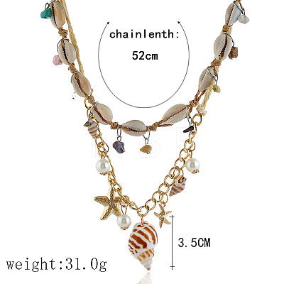 Bohemian Natural Shell & Alloy Starfish & Plastic Pearl Pendant Raffia Cord Double Layer Necklaces for Women FS-WG267BD-02-1