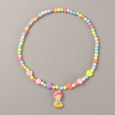 Plastic Girl Pendant Necklace with Heart Beaded for Kids NJEW-TAC0009-03-1