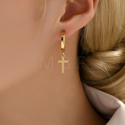 Elegant Cross Charm Stainless Steel Dangle Hoop Earrings for Women BI3518-1