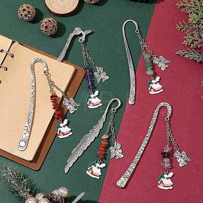 5Pcs 5 Styles Christmas House & Angel Alloy Pendant Bookmarks AJEW-JK00341-1