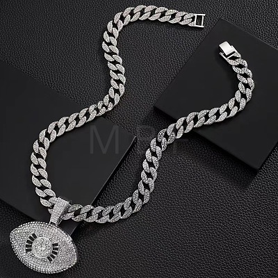 Zinc Alloy Full Crystal Rhinestone with Enamel Black Evil Eye Pendant Cuban Link Chain Necklaces for Men FS-WG3C954-02-1