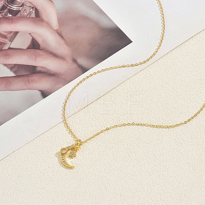Brass Pave Clear Cubic Zirconia Moon and Star Pendant Necklaces for Women HB1903-1
