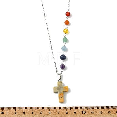 Chakra Natural Crazy Agate Religion Cross Pendant 304 Stainless Steel Cable Chain Necklaces for Women NJEW-JN06268-02-1