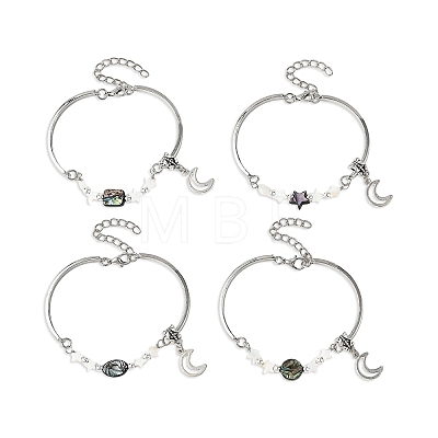Natural Paua Shell & Star Freshwater Shell Link Bracelets BJEW-JB14326-1