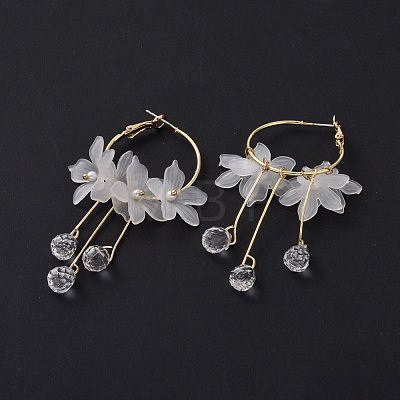 Acrylic Imitation Shell Flower with Glass Tassel Dangle Hoop Earrings with 925 Sterling Silver Pins EJEW-L281-06LG-1