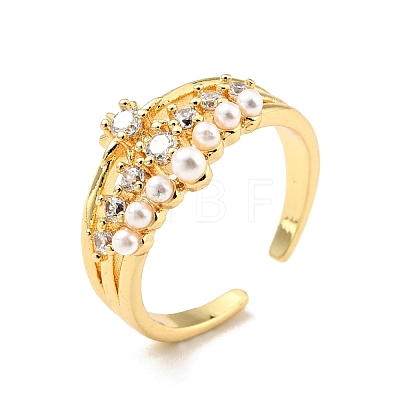 Cubic Zirconia Star with Acrylic Pearl Open Cuff Ring RJEW-E046-10G-1