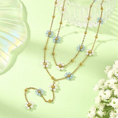 304 Stainless Steel Glass Flower Link Chain Double Layer Y Necklaces NJEW-JN06669-1