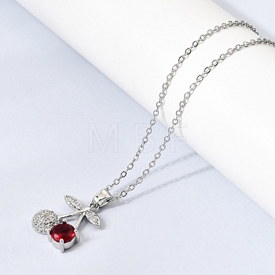 Brass Pave Clear and Red Cubic Zirconia Cherry Pendant 304 Stainless Steel Cable Chain Necklaces for Women NJEW-H092-05P-1