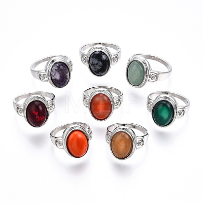 Natural Mixed Gemstone Oval Finger Rings RJEW-N044-03-1
