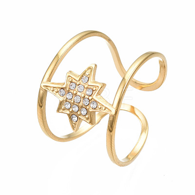304 Stainless Steel Star Open Cuff Ring with Rhinestone RJEW-T023-89G-1
