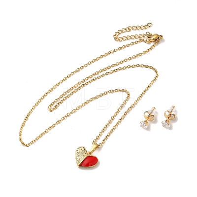 Clear Cubic Zirconia Heart with Enamel Pendant Necklace & Stud Earrings SJEW-M099-02G-1