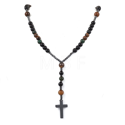 Natural Tiger Eye & Obsidian & Bloodstone Rosary Bead Necklaces NJEW-JN05114-01-1