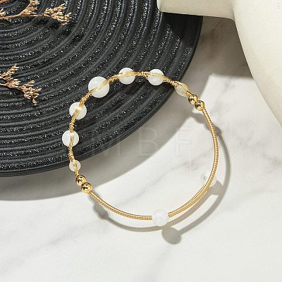 Herringbone Wire-Wrapped Natural Rainbow Moonstone Brass Cuff Bangles BJEW-JB14039-03-1
