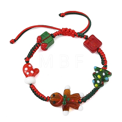 Adjustable Handmade Lampwork Christmas Tree Gift Box Gingerbread Man Braided Bead Bracelets for Women BJEW-TA00753-1